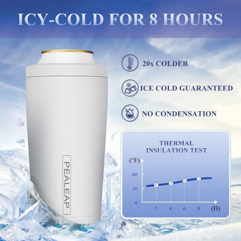 PEALEAP 4 in 1 Insulated Slim Can Cooler for 12 OZ Cans and Beer Bottle - Keep 8 Hours Cold, Easy to Hold - Stainless Steel Can Holder, Double Walled Can Insulator for Hard Seltzer and More (Snow White) - Image 3
